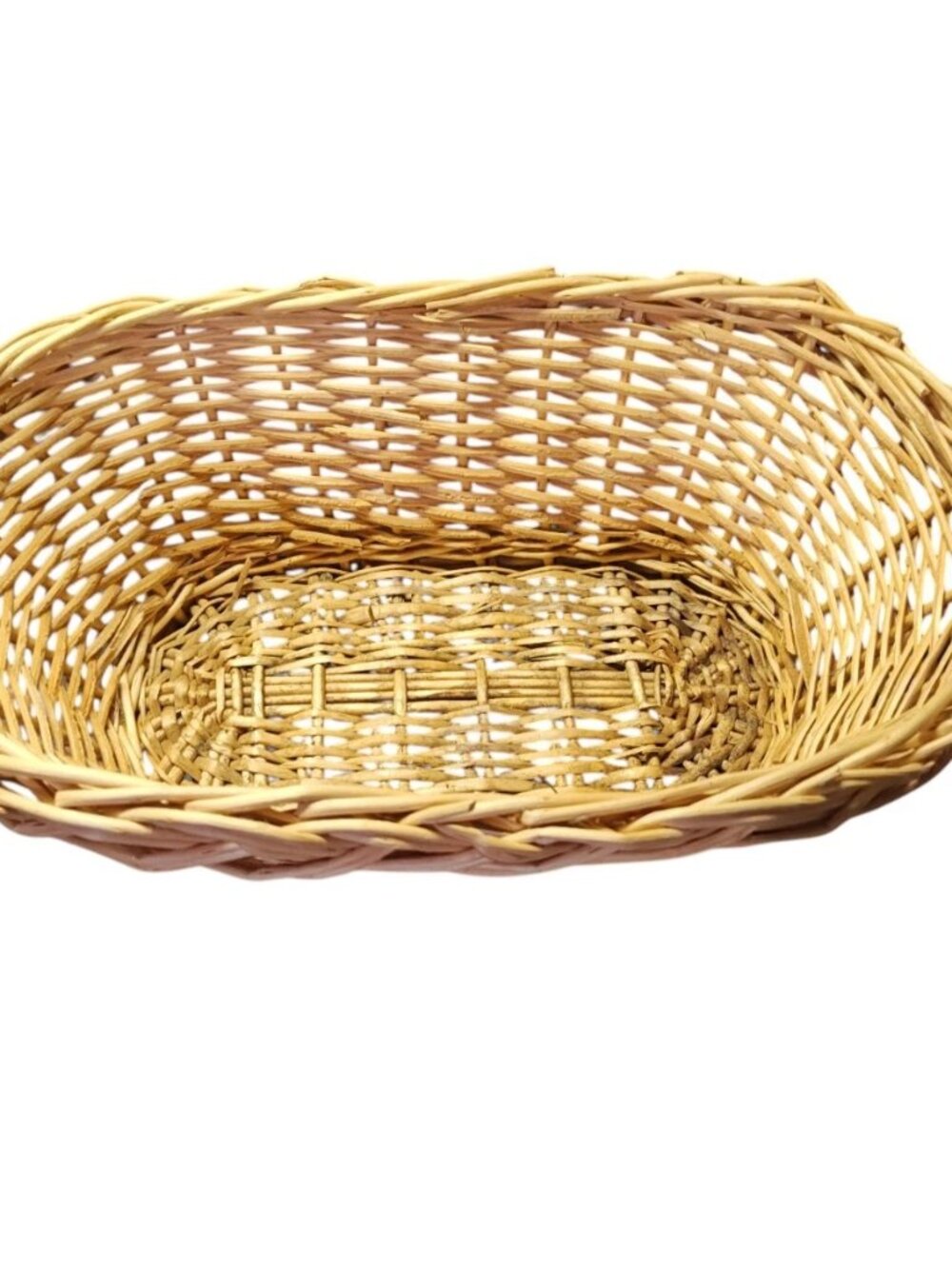Oval Wicker Woven Basket 15” x 9” x 6" Solid Condition. Grade B-